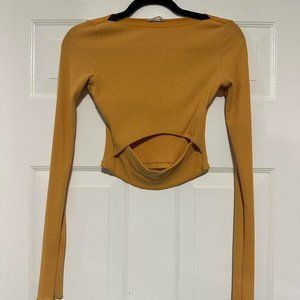Zara Womens Mock Neck Cropped Long Sleeve Top Midriff Cut Out Yellow Small